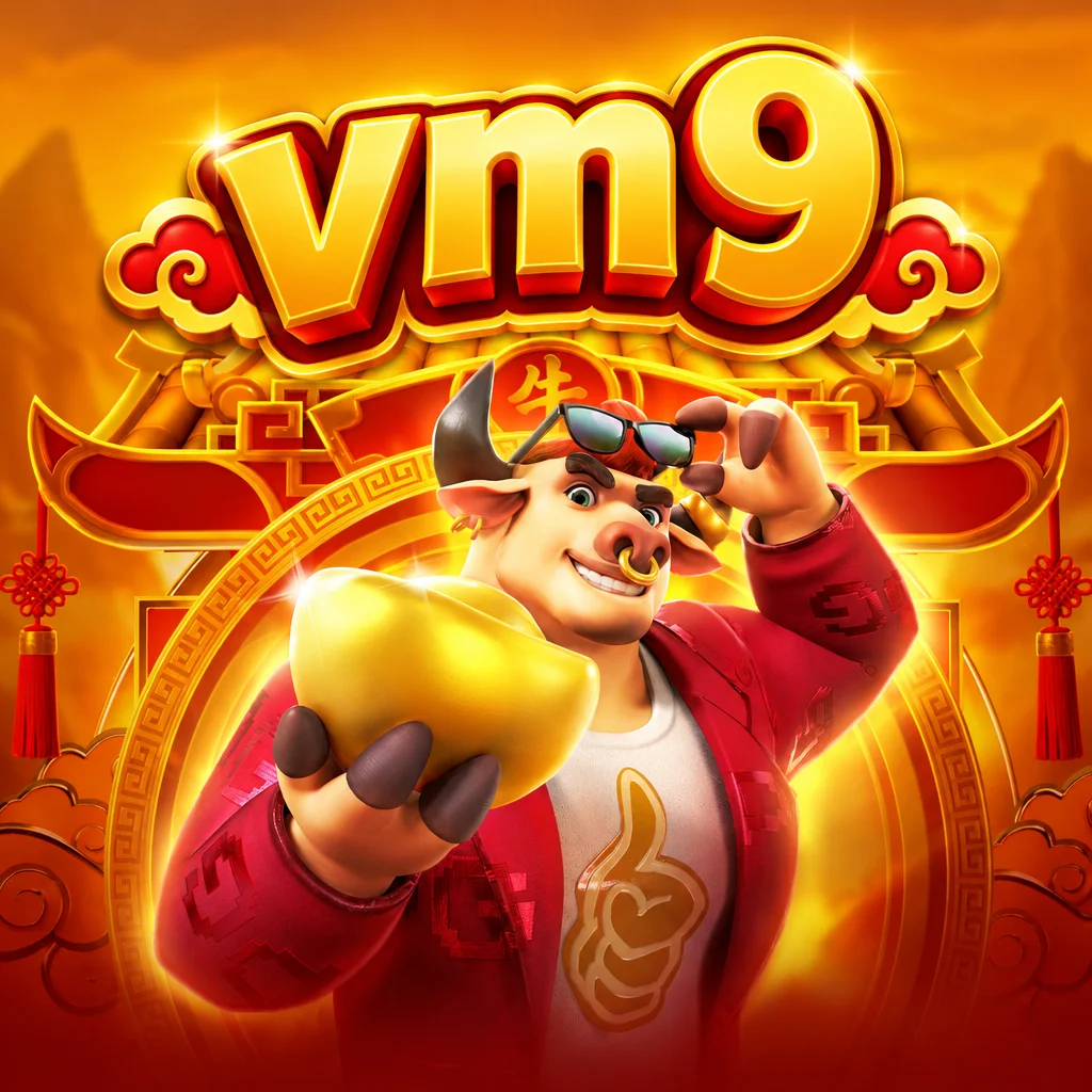 วัวนำโชคสวมแว่นกันแดดถือทองคำแท่งและโลโก้ vm9 ในเกม Fortune Ox